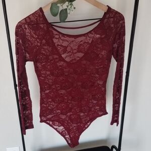 Forever 21 Floral Lace Long Sleeve Bodysuit Burgundy